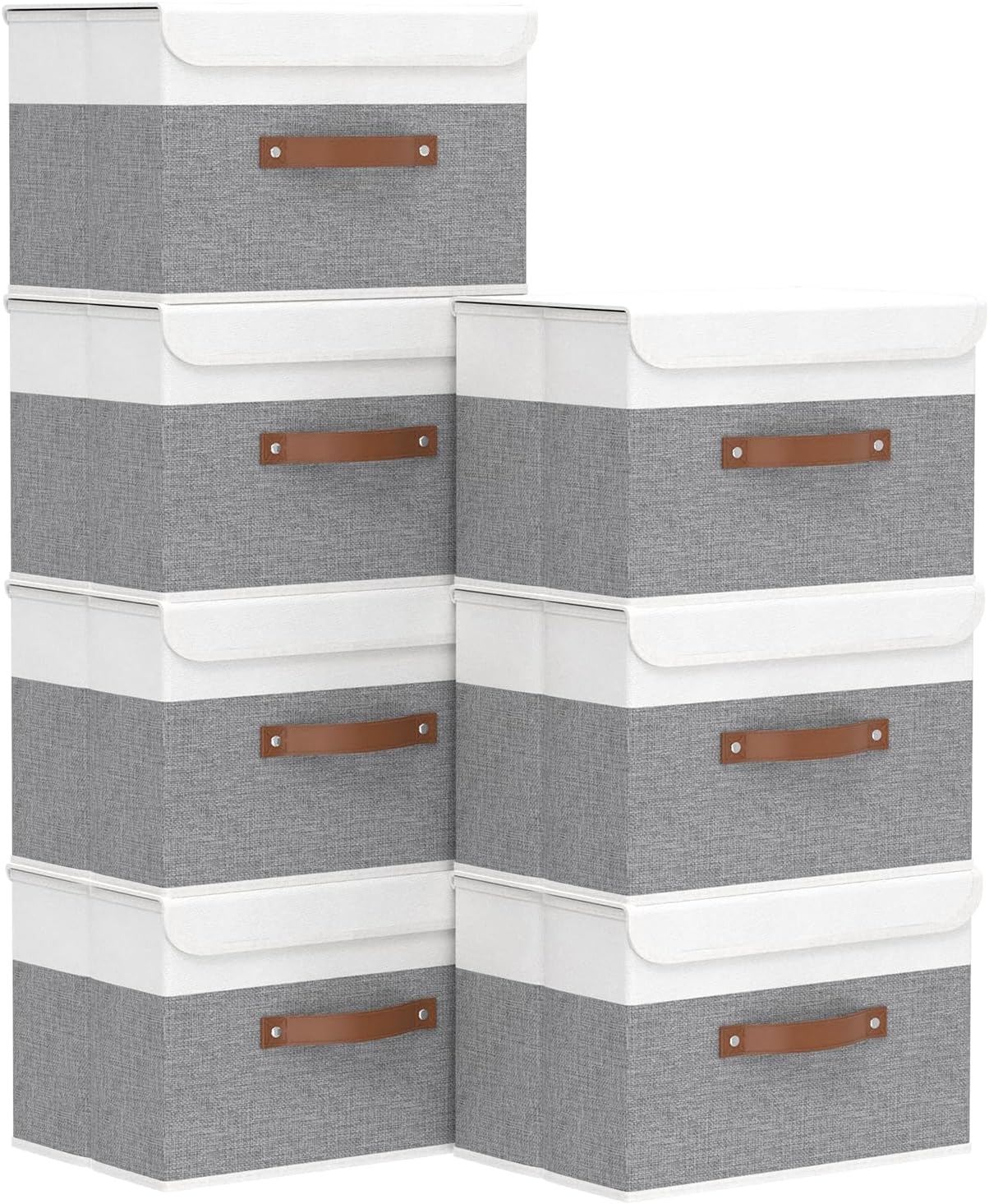 Yawinhe Storage Boxes with Lids, Linen Fabric Bin, Cube Organizer Basket, Washable and Leather Handle, for Home, Closet, White/Grey, 15.0''Lx9.8''Wx9.8''H, 7-Pack, USNK024WGL-7