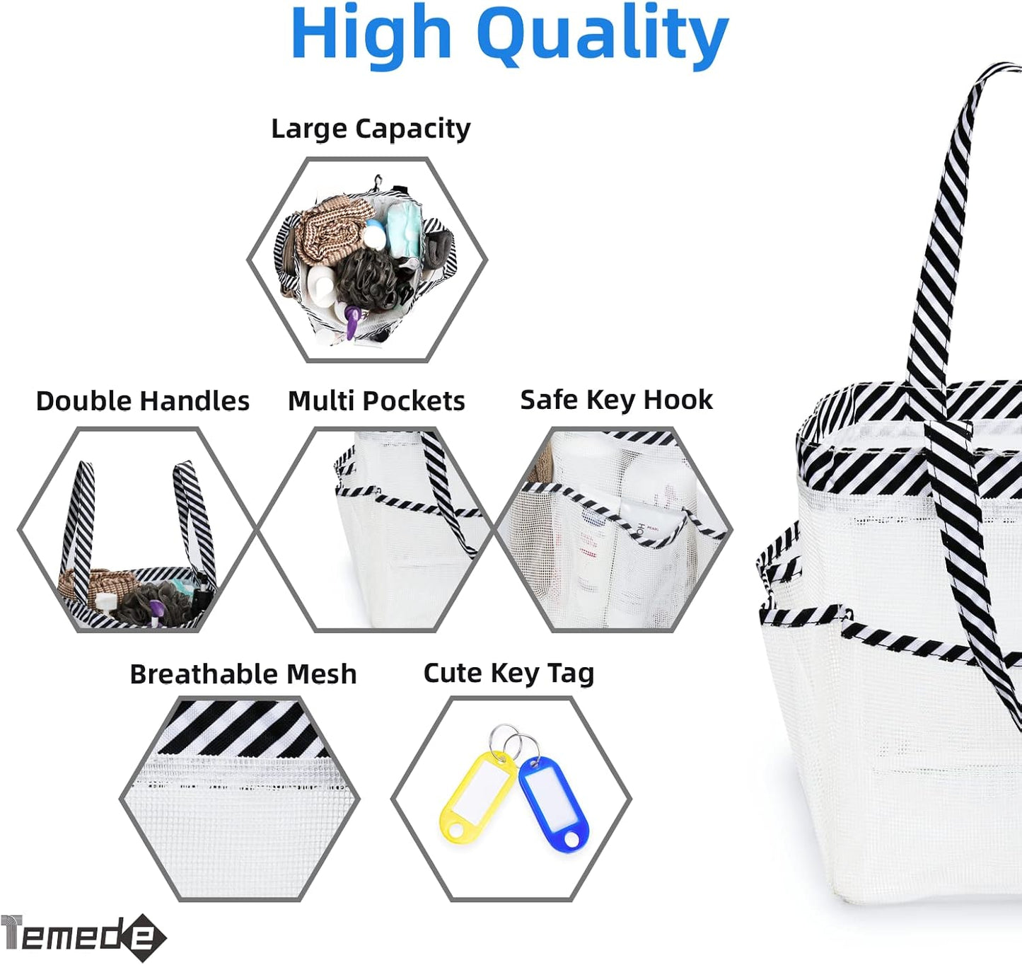 Temede Mesh Shower Caddy Portable for College Dorm Room Essentials, Large Capacity Shower Caddy Basket with 8 Pockets, Quick Dry Shower Tote Bag for Beach, Gym, Bathroom, Camp, Travel-White