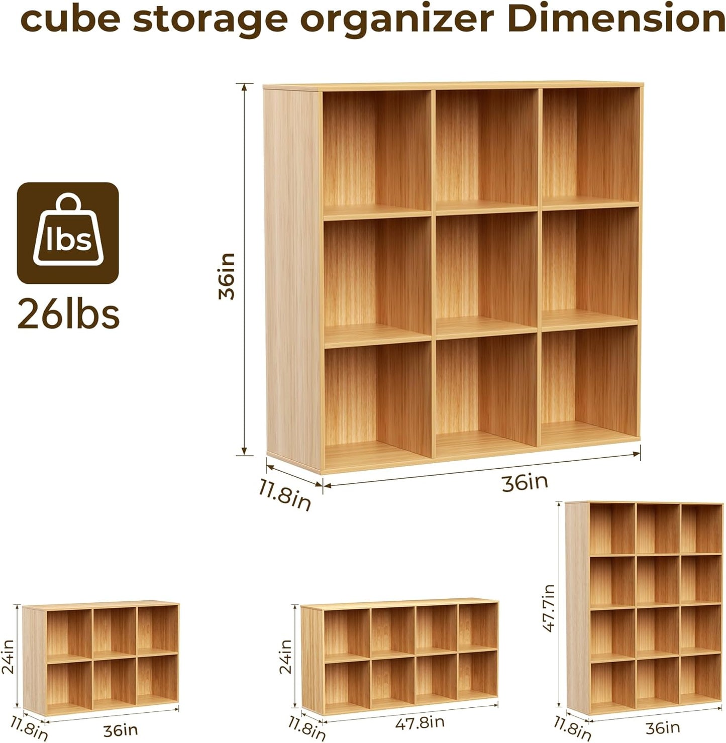 Cube Storage Organizer with Back Panel, 11" x 11" Cubby Shelf, Bookshelf for Home Office, Living Room, Bedroom (Natural, 9-Cube)