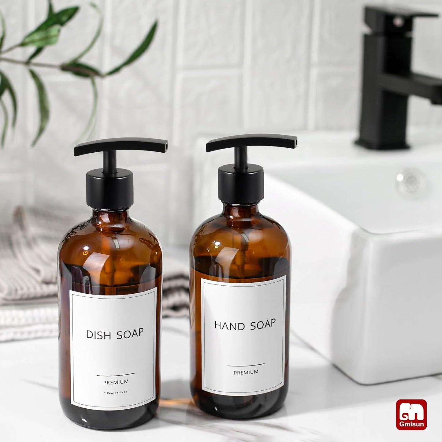 GMISUN Amber Glass Soap Dispenser, 2 Pack Bathroom Hand Soap Dispensers with Stainless Steel Pump, 17 Fl Oz Kitchen Hand and Dish Soap Dispenser Set, Modern Vintage Liquid Brown Soap Dispensers Bottle