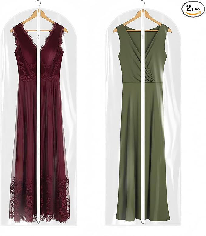 65” All Clear Dress Bags for Travel - PEVA Waterproof Fordable Cover with Zipper for Hanging Clothes, long Dress - Durable Dresser for Closet Storage, Dustproof & Moisture Resistant - 65”/2 Pack