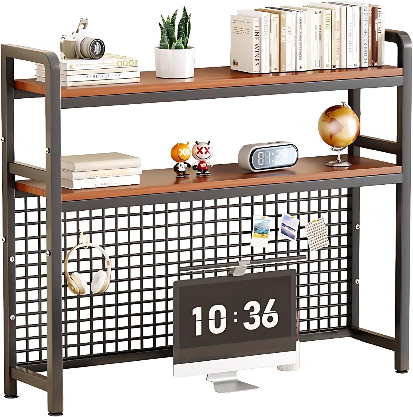 Desk Shelf Organizer with Metal Grid, 2-Tier Desktop Bookshelf, Rustic Wood & Metal Desk Hutch for Home Office and Dorm (Black, 45.3" L × 7.9" W × 38.6" H)