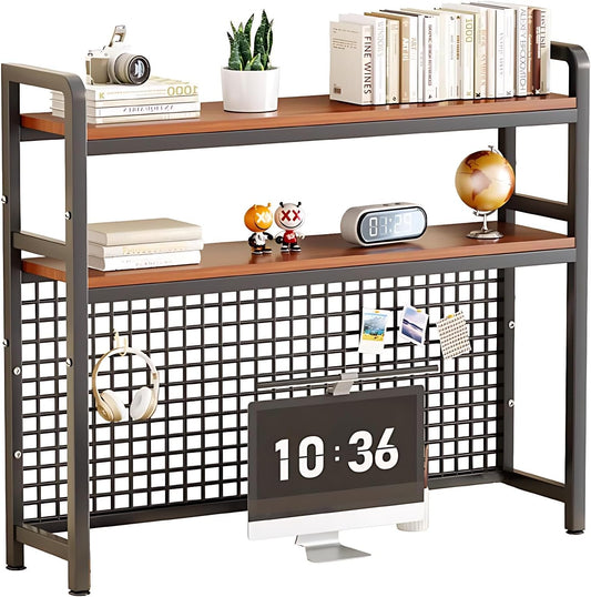 Desk Shelf Organizer with Metal Grid, 2-Tier Desktop Bookshelf, Rustic Wood & Metal Desk Hutch for Home Office and Dorm (Black, 45.3" L × 7.9" W × 38.6" H)