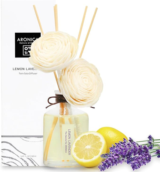 Aronica Twin Sola Diffuser - Lemon Lavender Fragrance, 160ml / 5.41 Floz, Flower Reed Diffusers Oil with Sticks for Aesthetic Home Bathroom Decor Citrus Scent for Bedroom