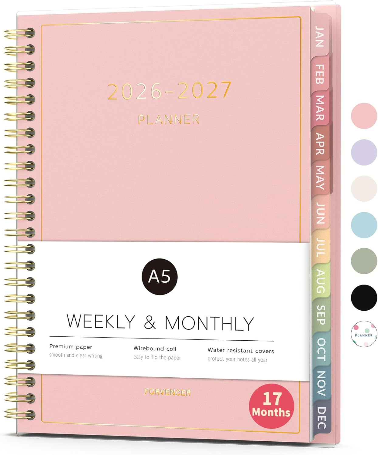Forvencer Planner 2026-2027, 17 Month Weekly and Monthly Calendar Planner, Jan 2026 -May 2027, 6.3" x 8.4", Daily Agenda Book with Tabs, College Organizer Notebook, School Supplies for Student Teacher Classroom, A5, Pink