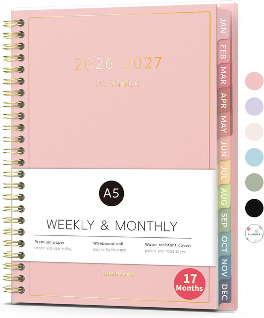 Forvencer Planner 2026-2027, 17 Month Weekly and Monthly Calendar Planner, Jan 2026 -May 2027, 6.3" x 8.4", Daily Agenda Book with Tabs, College Organizer Notebook, School Supplies for Student Teacher Classroom, A5, Pink