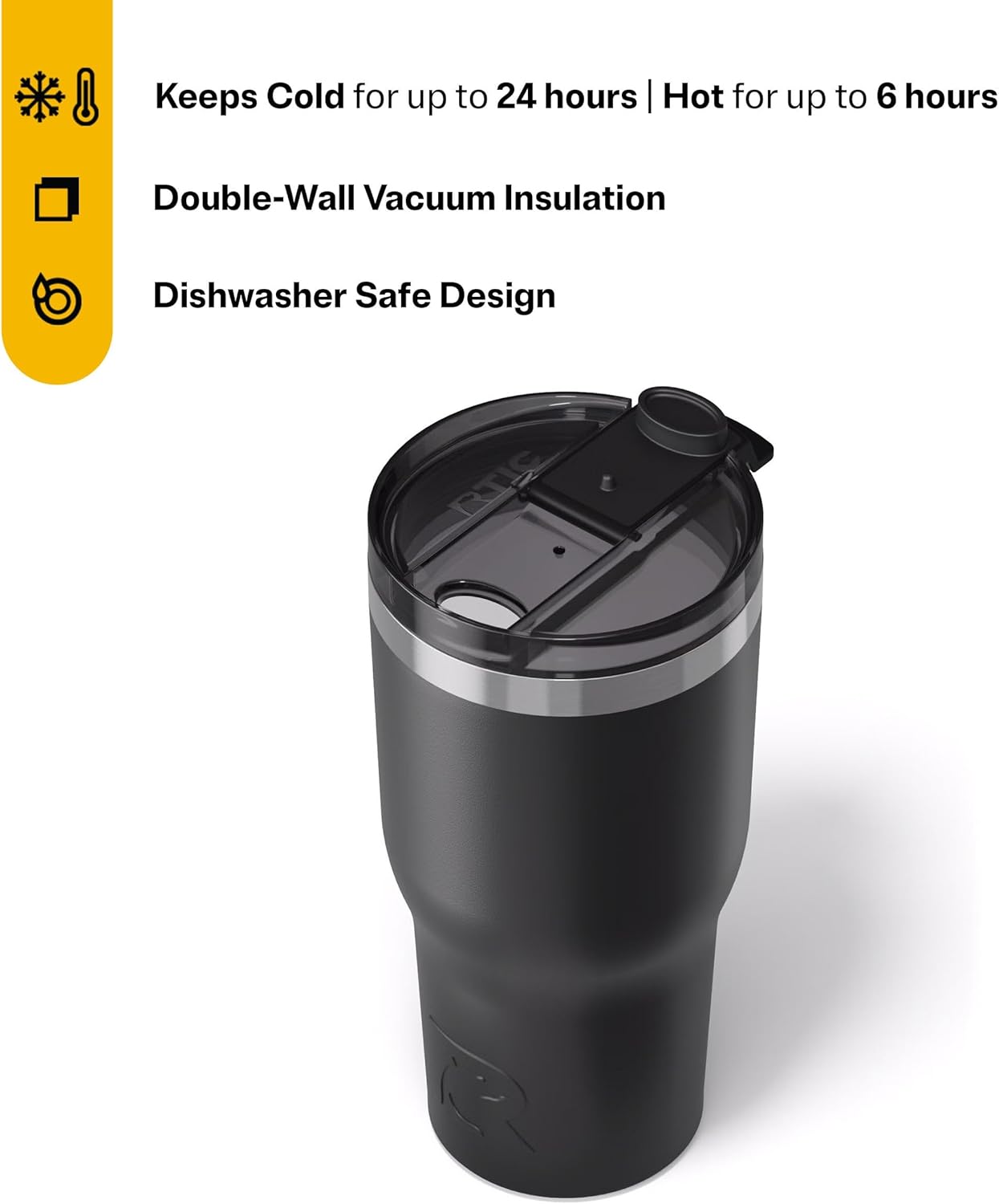 RTIC 30oz Essential Tumbler with Lid, Ceramic Lined, Insulated, Stainless Steel, Metal, Double Wall Vacuum-Insulation, Travel Cup for Iced Coffee, Tea, Hot and Cold Drink, Black