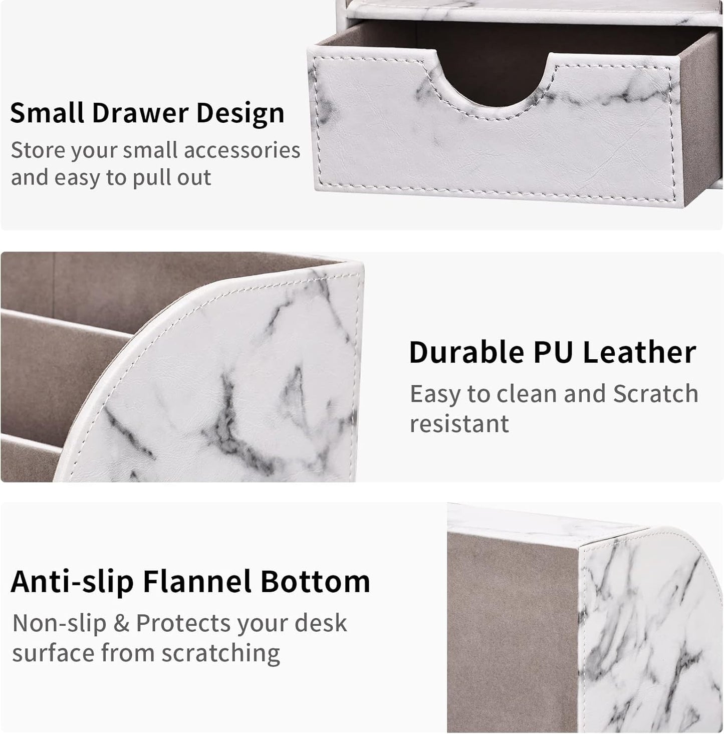 KINGFOM Pu Leather Desk Organizer Pen Pencil Holder Office Supplies Caddy Storage Box 6 Compartments with Drawer Gray Marble