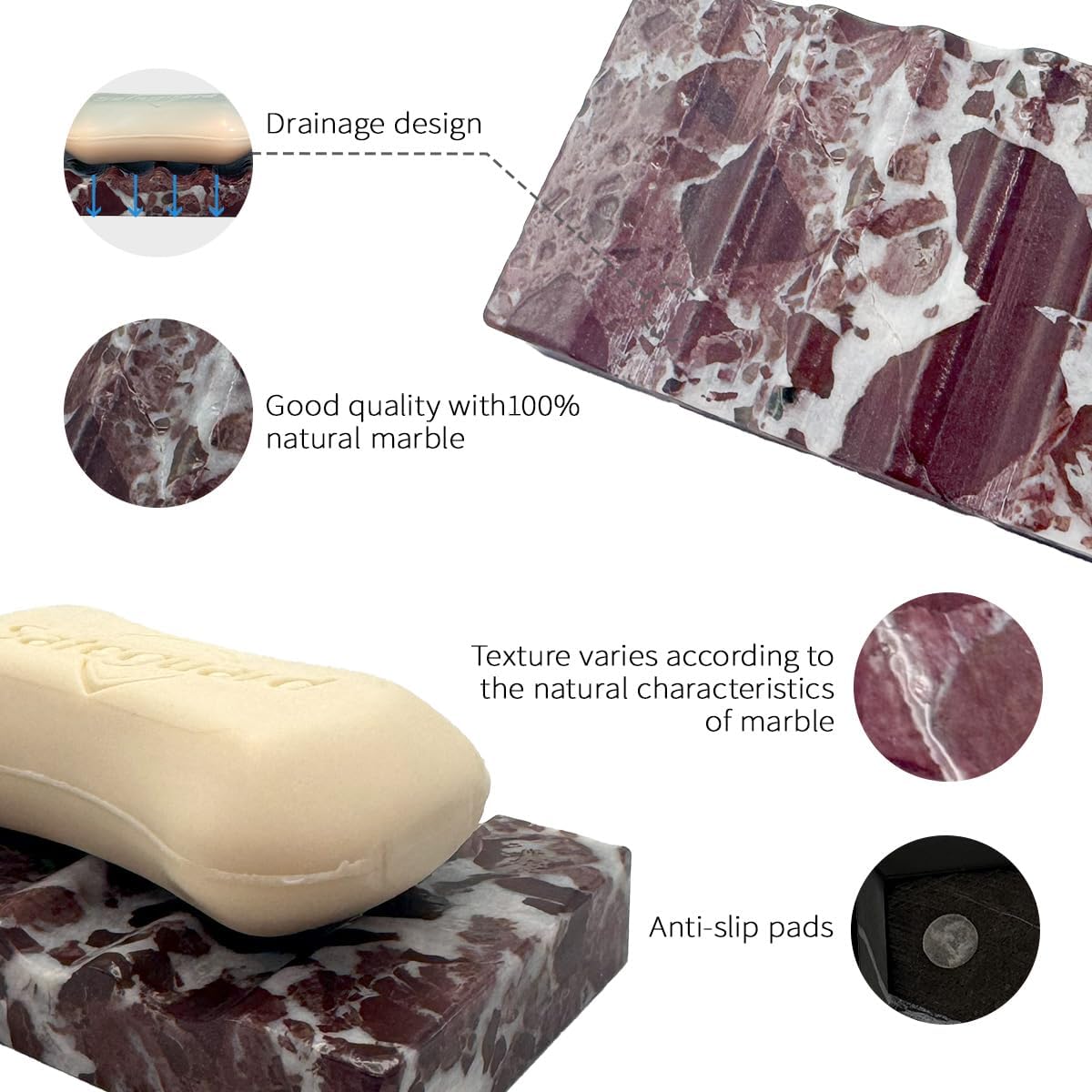 Marble Christmas Soap Dish for Shower - Natural Stone Tray Stand Organizer, Decorative Bar Soap Holder | Non-Slip, Luxury Bath Accessories (Rose)