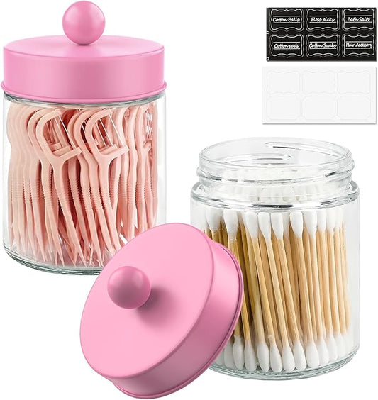 2 Pack Glass Apothecary Jars with Lids for Bathroom, Cute Qtip Holder, Pink Bathroom Accessories Set, Small Bathroom Canisters with Lids for Q-Tips, Cotton Swabs, Pink Bathhouses Decor
