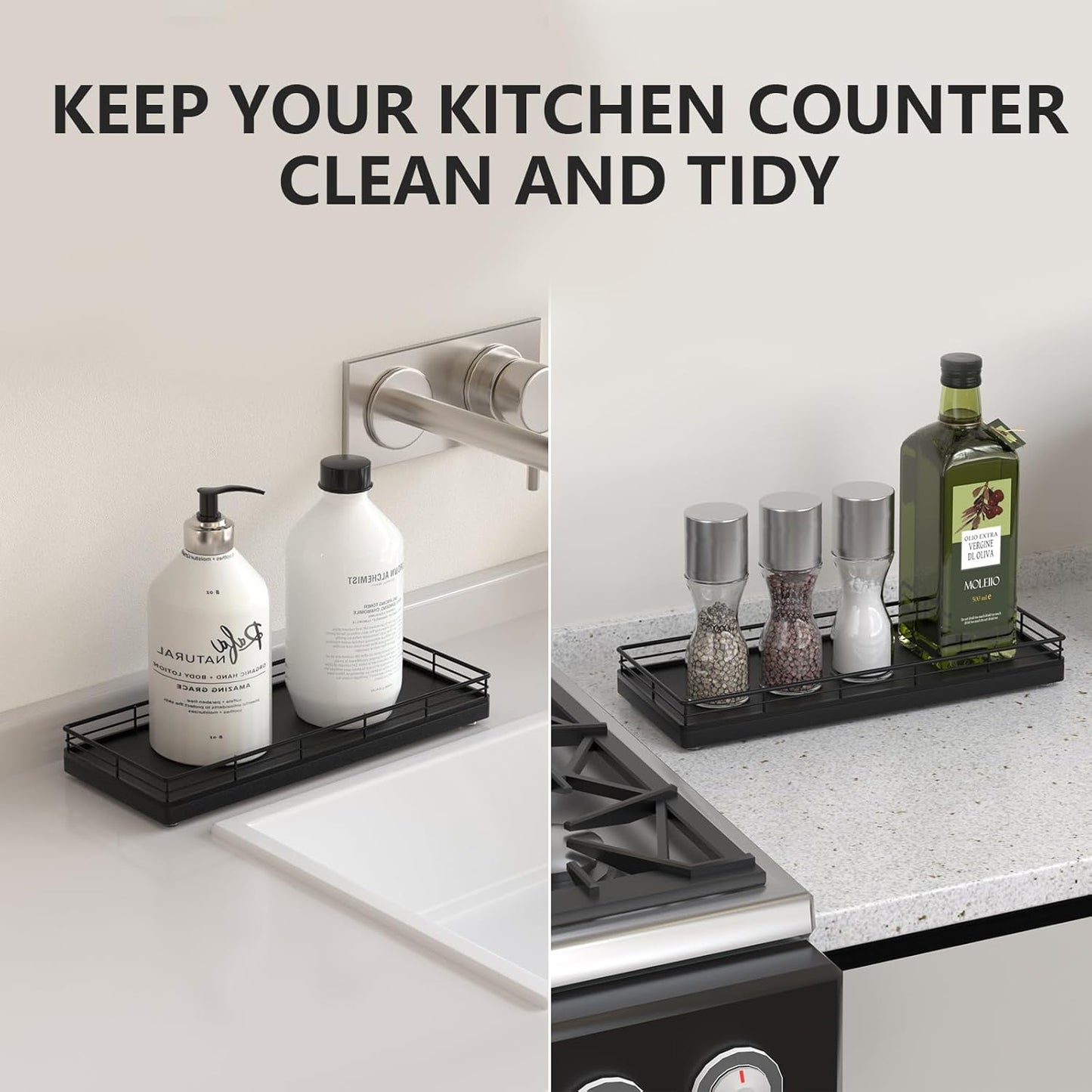 Bathroom Tray for Counter Top Organizer – Oak Wood Vanity Tray with Metal Frame for Dresser, Kitchen, Nightstand – Black Decorative Storage