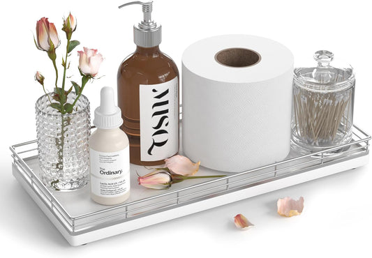 Oak Bathroom Toilet Tank Tray, 13" Wood Back of Toilet Paper Basket Tank Topper Storage, Vanity Tray for Perfume Makeup Candle Toiletry Organizer for Kitchen Coffee Table Silver Tray Decor