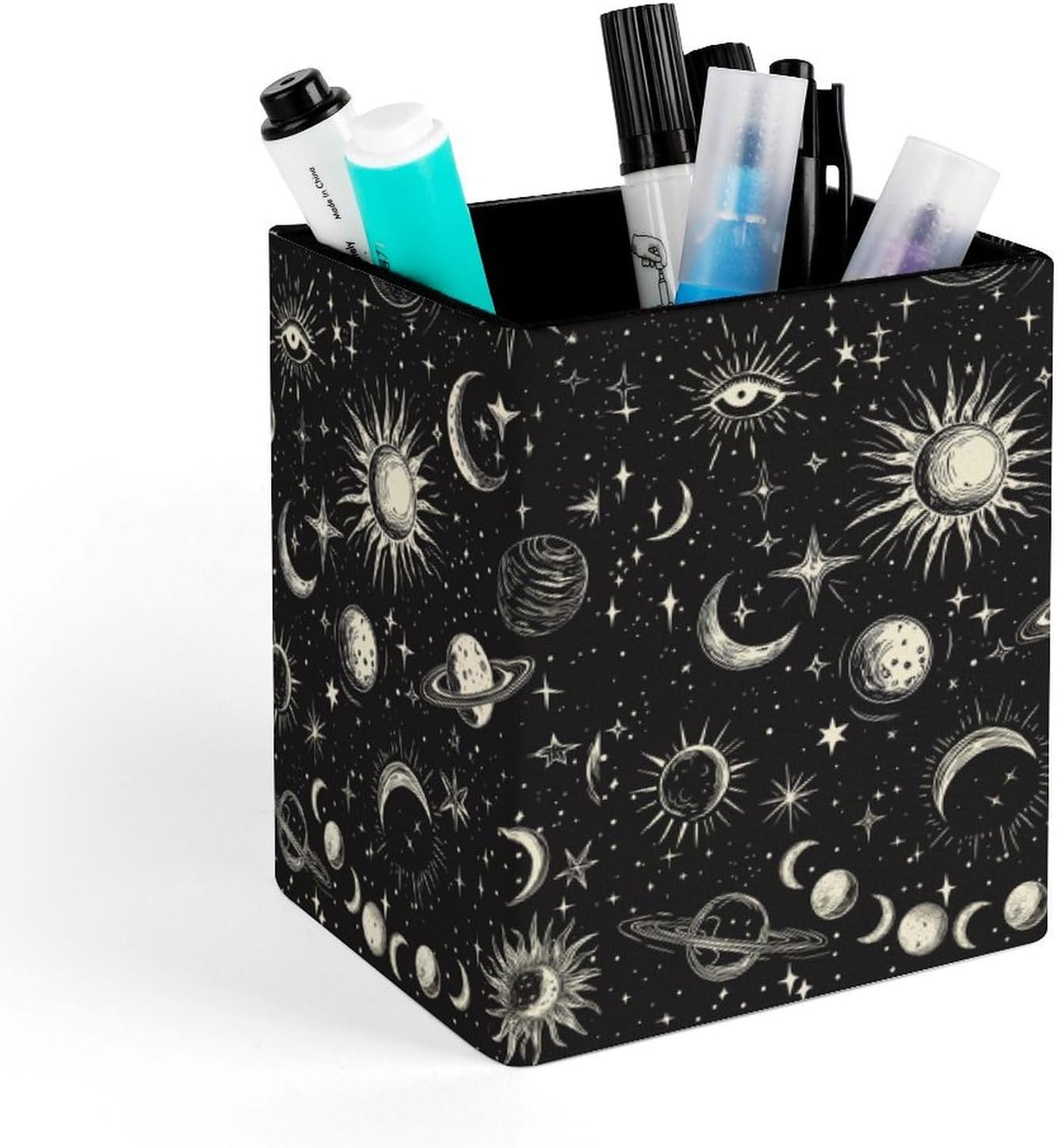 Square Pen Holder & Pencil Organizer for Desk - Office Storage Organizer, Markers/Makeup Brushes/Scissors Holder, Compact Desk Decor Accessories for Home Classroom School(Stars Moon Sun)