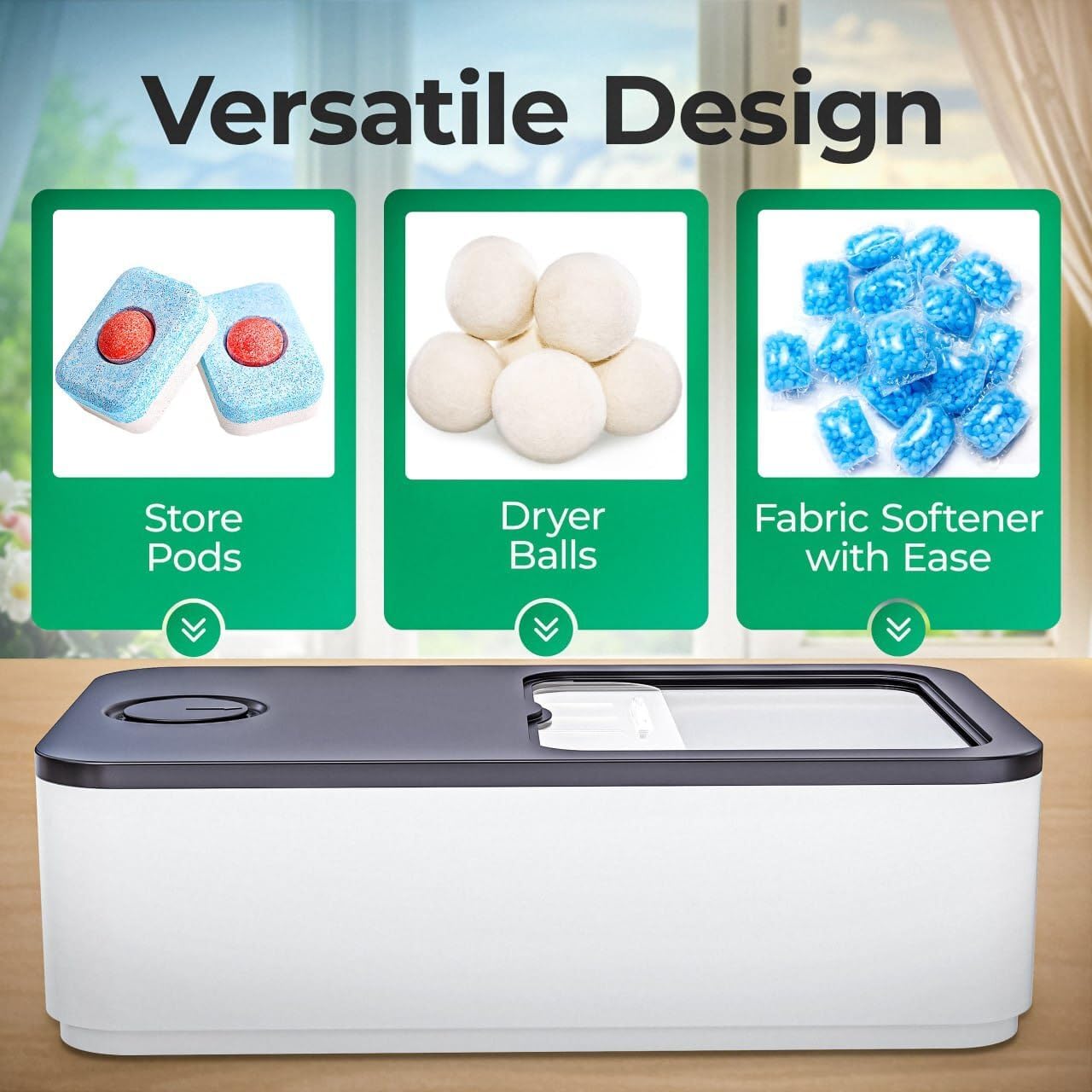 Skywin Laundry Pod Container with Slide Lid, 15 x 8.7 x 4.5 In, Holds 11 Pounds OR 120-150 Pods, Black with Print