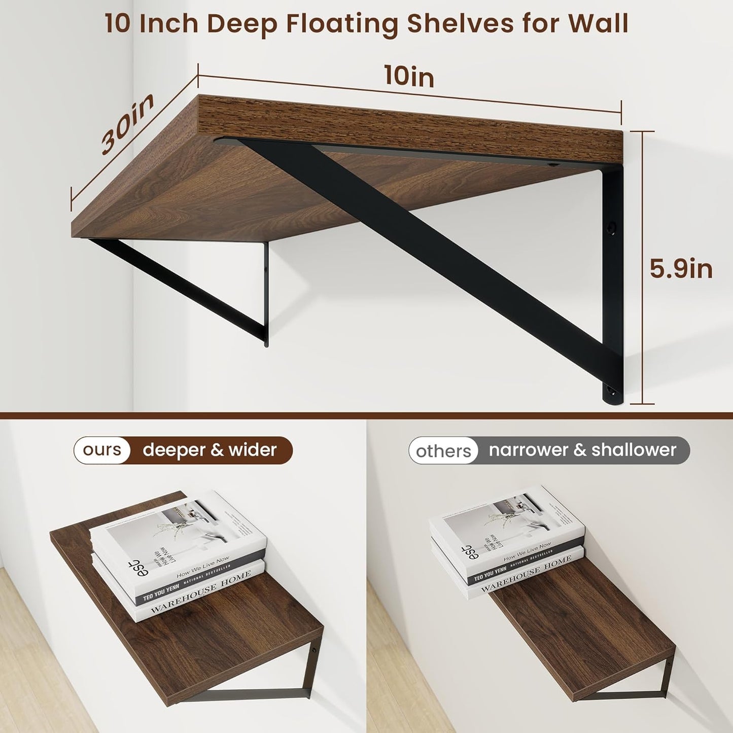 Axeman Deep Floating Shelves for Wall - 30 Inch Wide x 10 Inch Deep Floating Shelves Set of 2 -Walnut Wide Wall Shelves for Living Room Bathroom Bedroom