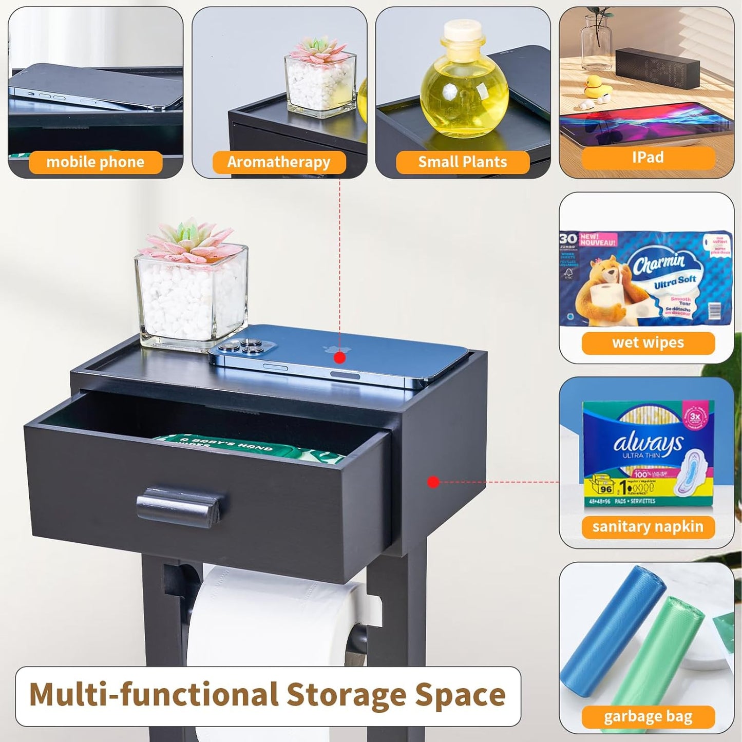 Freestanding Toilet Paper Holder Stand with Shelf, Matte Black Wooden Toilet Paper Roll Holder with Wet Wipes Storage Drawer,Bathroom