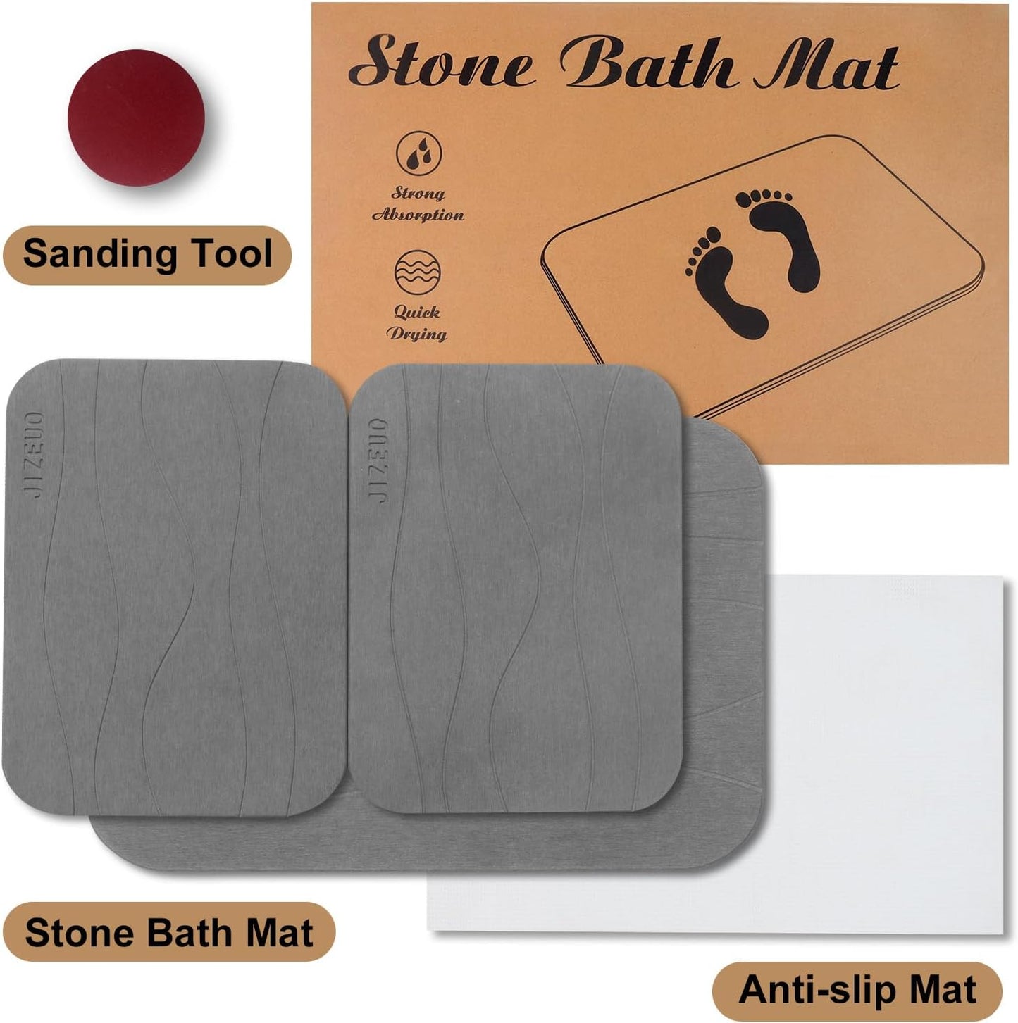 Stone Bath Mat, Set of 3,Diatomaceous Earth Shower Mat, Non-Slip Super Absorbent Quick Drying Bath Mat for Bathroom Floor, Grey