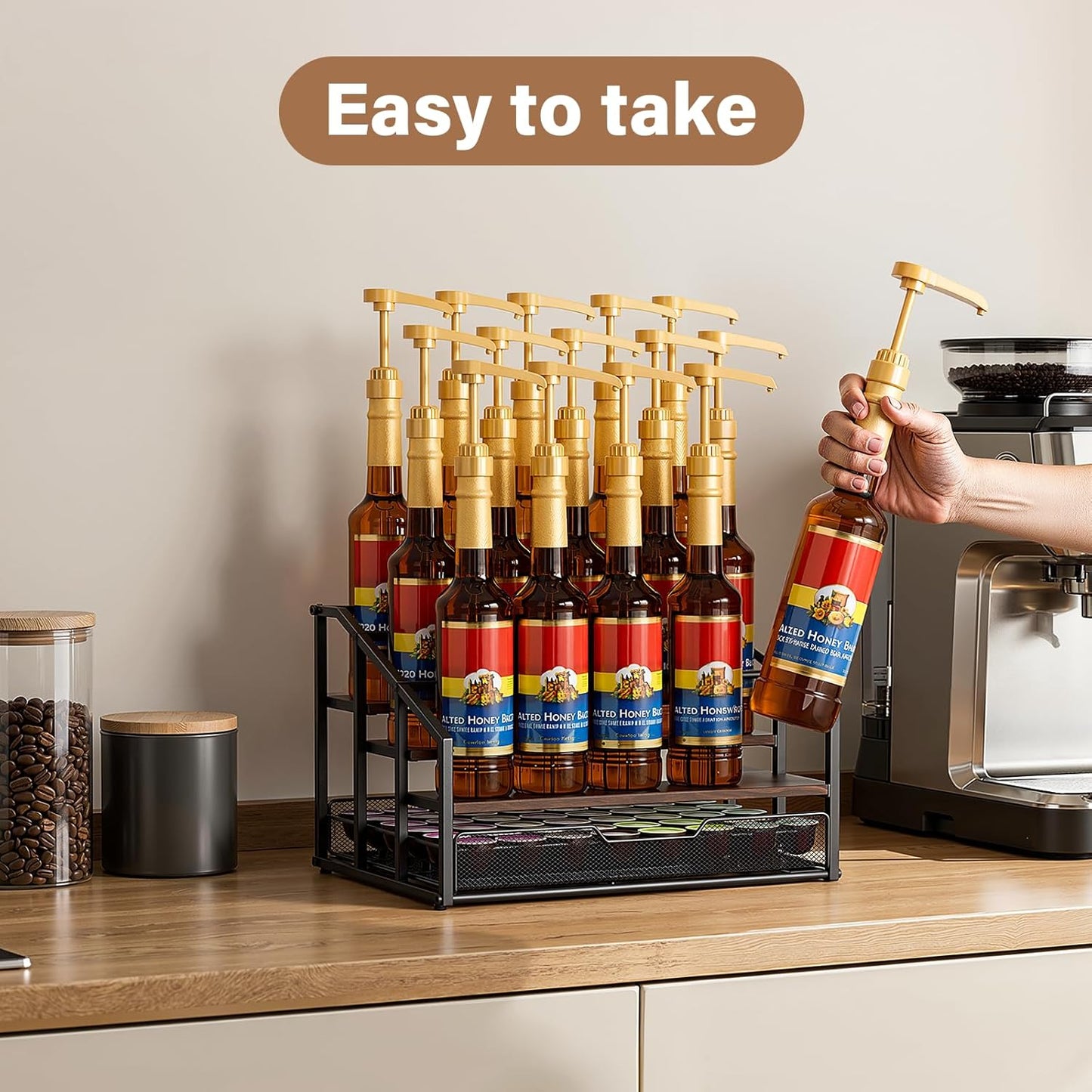 Coffee Syrup Rack Organizer, 4-Tier 12 Bottle Syrup Rack with 35 K Cup Drawer for Coffee Bar, Countertop Bottle Holder Stand for Dressing for Kitchen Cafe Station