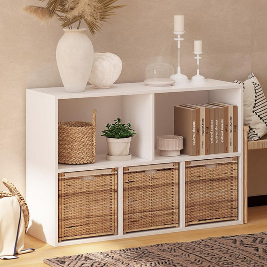 Wooden 5 Cube Storage Organizer with Closed Back Panel,White Cube Shelf Cubby Storage Organizer with Compartments for Living,Bookshelf, Easy to Install (White, 5 Cube)