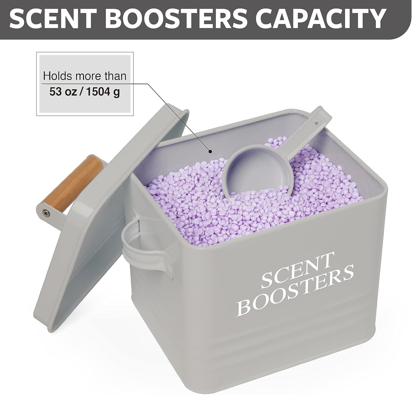 Calindiana Metal Laundry Holder, Grey, Modern Farmhouse Design, Scent Booster Beads Dispenser with Lid, Storage Container with Scoop & Handles, Space Saving Laundry Room Organization, 53 oz Capacity