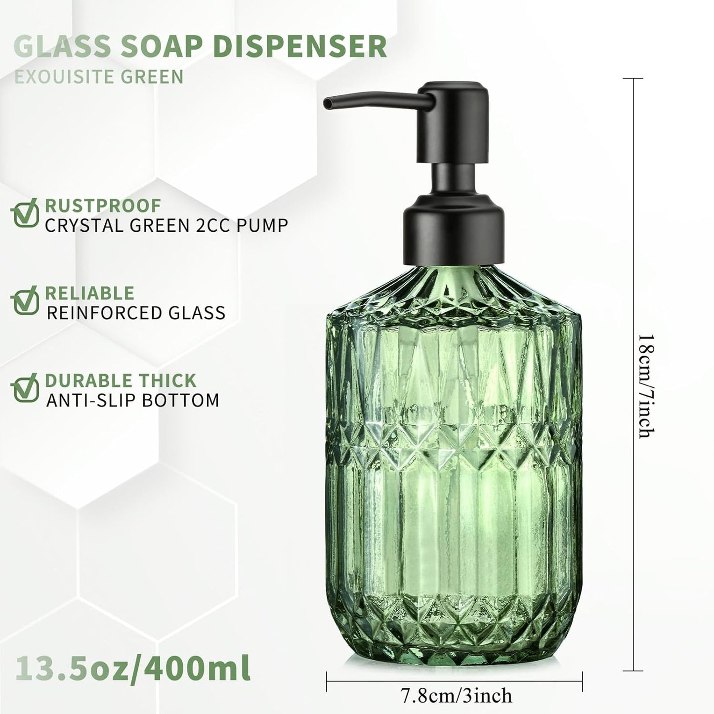 Green Glass Soap Dispenser with Black Rust Proof Pump Refillable for Kitchen Dish Soap Bathroom Hand Soap Lotion and Body Wash