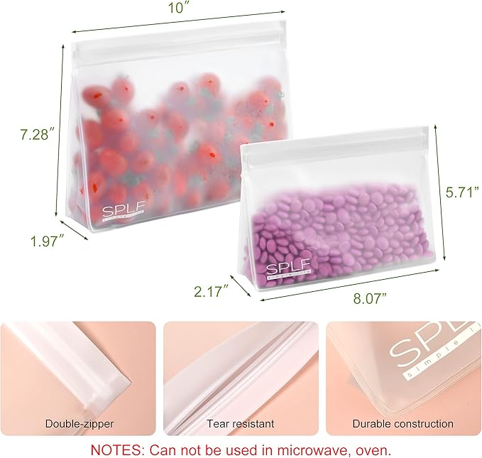 SPLF 6 Pack Dishwasher Safe Reusable Sandwich Bags, Quart freezer bags, Reusable Food Storage Bags, BPA FREE Stand Up Extra Thick Leakproof Silicone Free Zipper Snack Lunch Freezer Bags