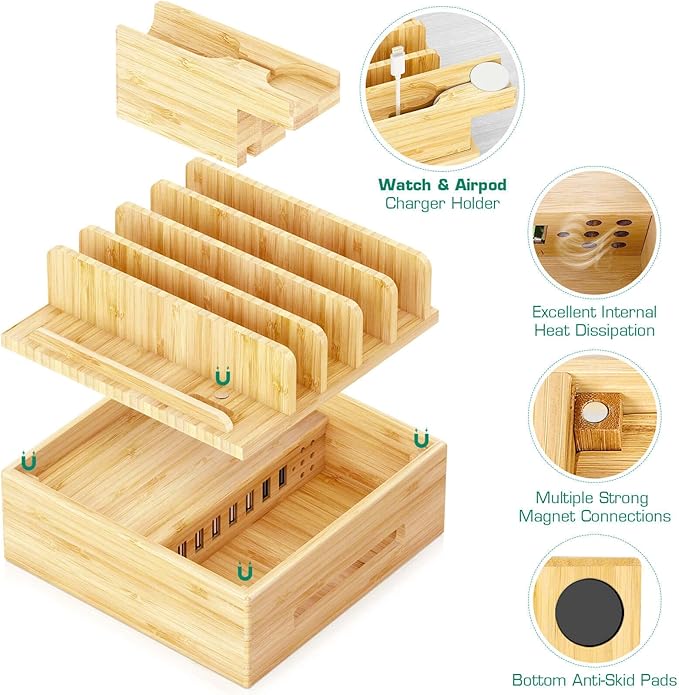 Darfoo Bamboo Charging Station for Multiple Devices - Wood Family Charging Station with 7 USB Ports and 1 Watch-Earbud Stand for Phones, Tablets, Smart Watches & Earbuds