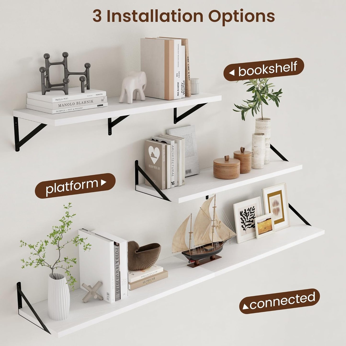 Axeman Floating Shelves for Wall White - 36 Inch Wide x 12 Inch Deep Wall Shelves Set of 2 - White Deep Wood Floating Shelves for Living Room Bedroom Laundry Room