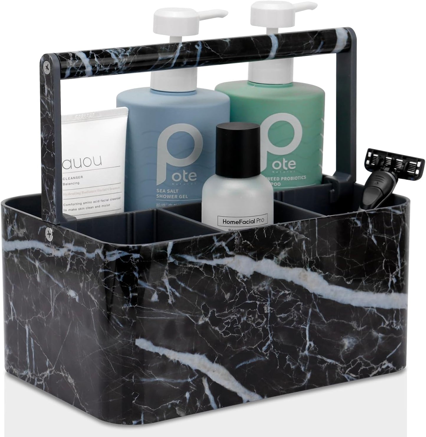 Plastic Shower Caddy Dorm: Portable Bathroom Caddy Organizer for College with Handle and Adjustable Divider, Utility Hard Shower Basket Bath Tote for Toiletry, Shampoo, Soap (Black Marble)