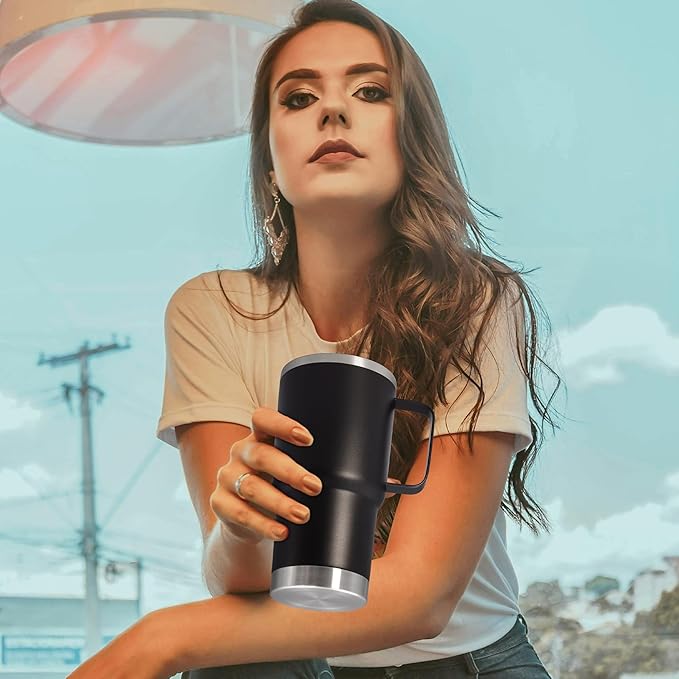 20 oz Tumbler with Handle and Lid, Stainless Steel Tumbler Insulated Travel Coffee Mug, Spill Proof Double Wall Vacuum Tumbler Cup Keep Drink Hot & Cold, Black, 6 Pack