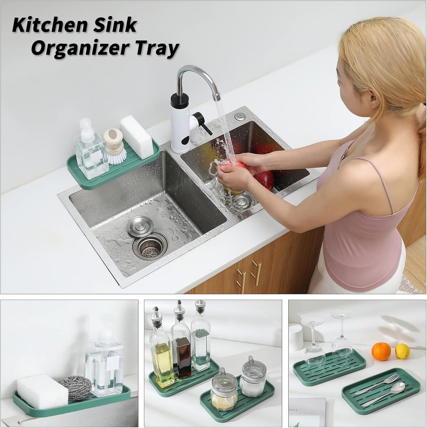 Silicone Kitchen Sink Organizer Tray for Multiple Usage,Eco-Friendly Sponges Holder for Kitchen Bathroom Counter or Sink,Dish Soap Dispenser,Scrubber,Bottle,Cup (Green, 10"×5.3")