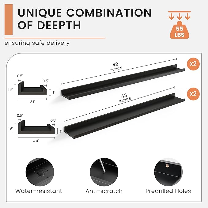 Floating Picture Ledge Shelves Set of 4, 48 Inch Long Large Nursery Book Shelf for Toys Storage Kids Bookshelf Wall Mounted Living Room Bedroom Decor Frames