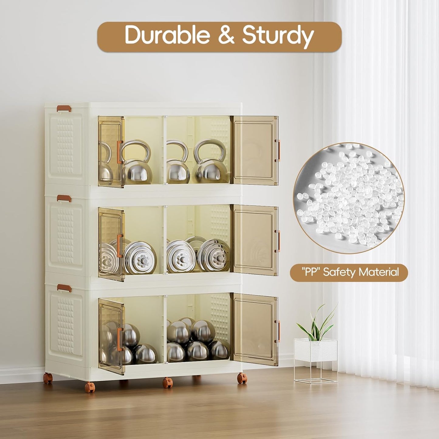 JEKO&JEKO 608Qt Foldable Storage Bins with Lids, Doors & Dividers, Stackable Plastic Drawers with Wheels for Home, Closet & Garage Organizer, 3 Pack, Cream