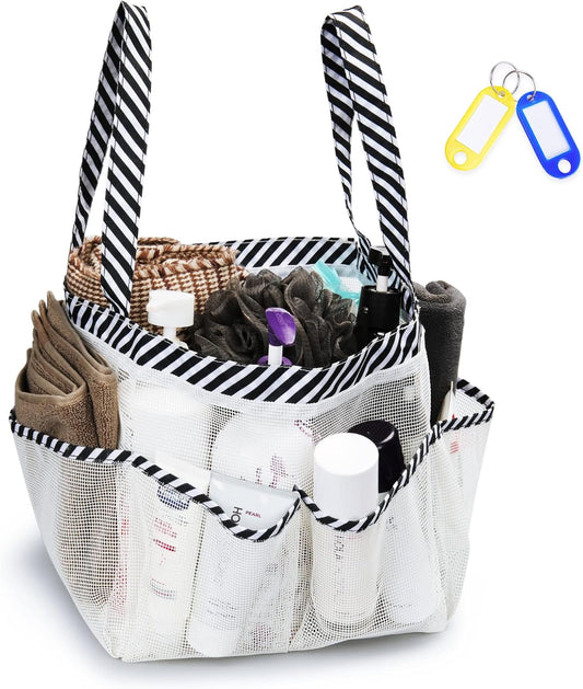 Temede Mesh Shower Caddy Portable for College Dorm Room Essentials, Large Capacity Shower Caddy Basket with 8 Pockets, Quick Dry Shower Tote Bag for Beach, Gym, Bathroom, Camp, Travel-White