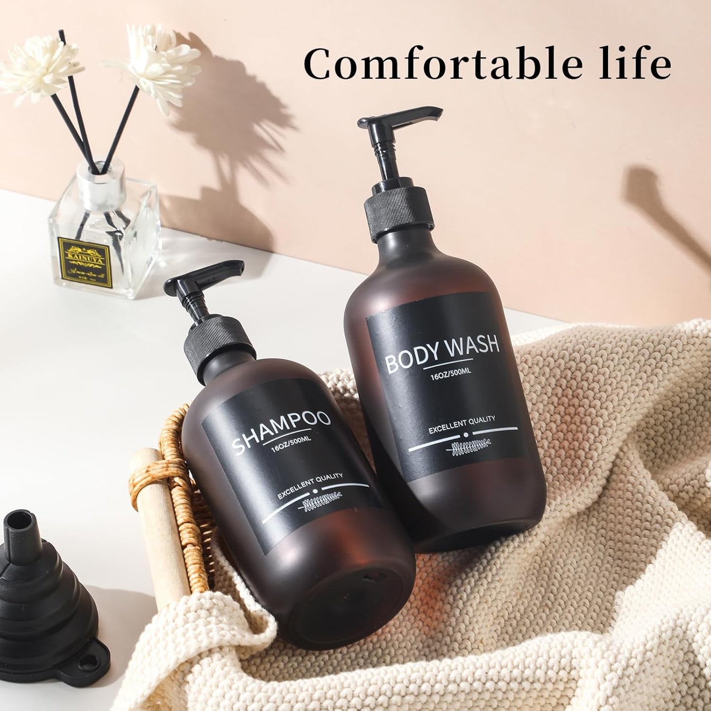 Shampoo Bottles Refillable with Pump (5Pack Matte Amber) Plastic 16.9oz Amber Reusable Shampoo and Conditioner Bottles,Bathroom Bottles with Pump and Labels