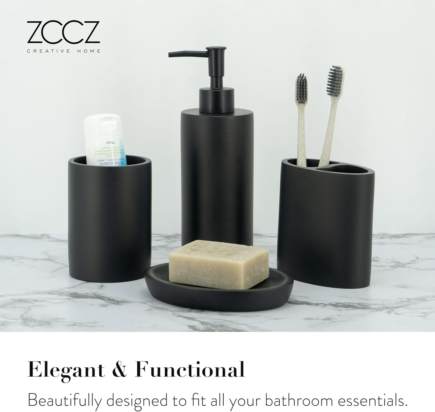 ZCCZ Bathroom Accessory Set, 4 Pcs Matte Black Bathroom Vanity Countertop Bathroom Décor Sets Accessories with Soap Dispenser, Toothbrush Holder Set, Tumbler, Soap Dish