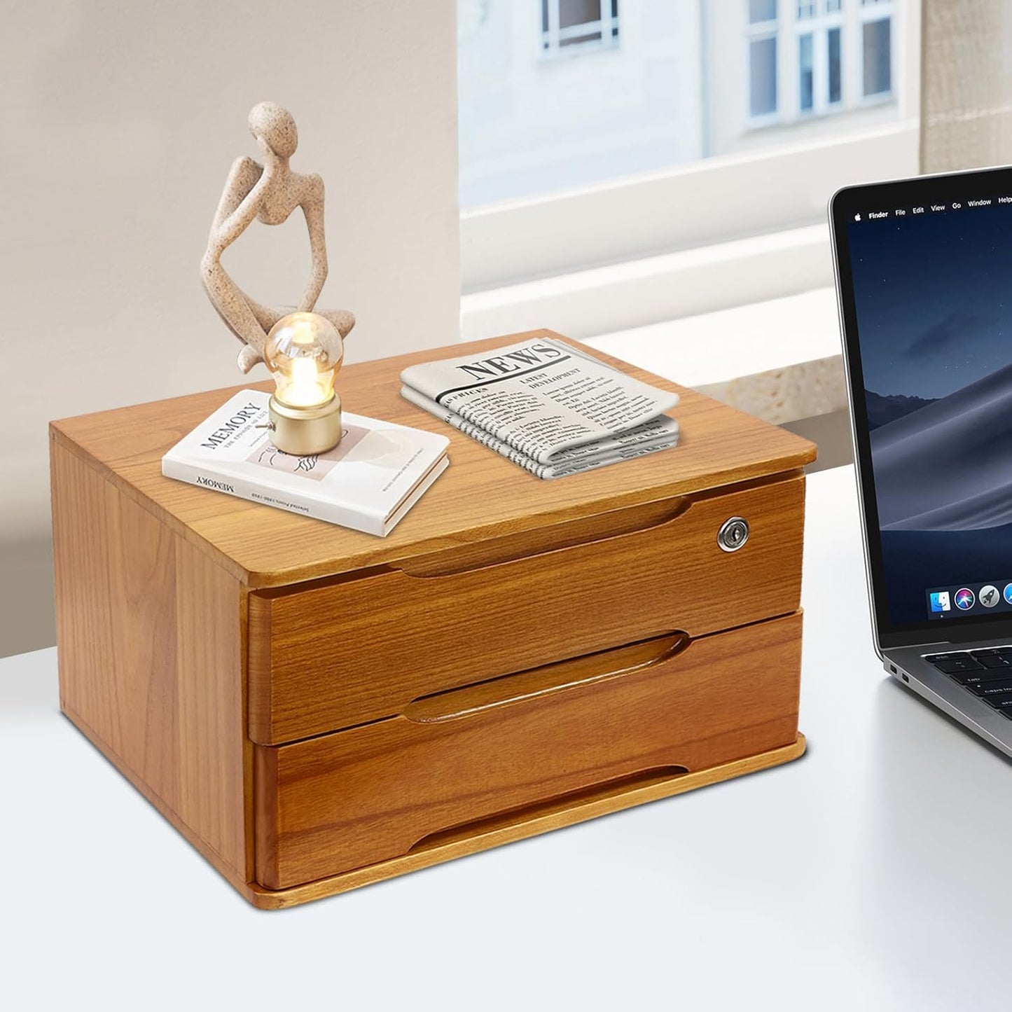 2-Tier Wooden Desktop Storage Box Desk Organizer with 2 Drawers and Lock Countertop Drawers Organizer for Office Supplies File Paper Cosmetic Jewelry, 15.4x11.8x8.5 in (Light Brown)