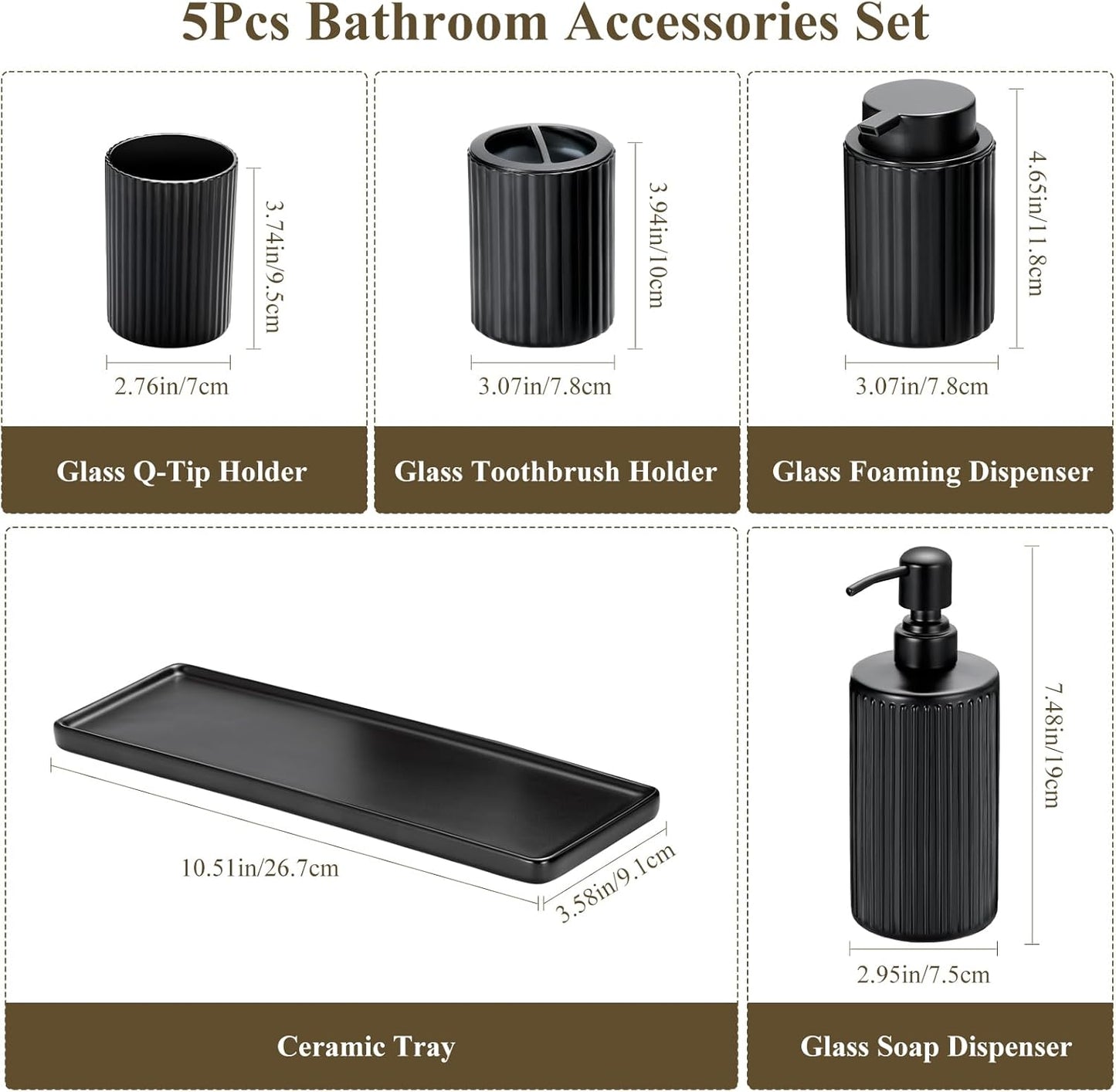 Shinowa Black Bathroom Accessories Set, 5 Pcs Bathroom Toothbrush Holder Sets with Soap Dispenser, Foaming Dispenser, Q-Tip Holder, Ceramic Tray, Bathroom Countertop Accessories Complete, Matte Black