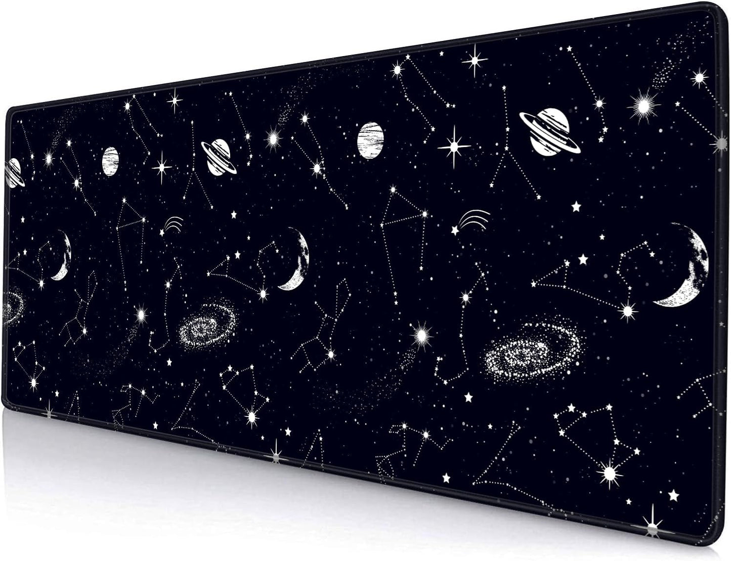 Large Gaming Mouse Pad with Stitched Edges, Black Constellation Desk Mat Extended Keyboard Pad, Non-Slip Rubber Base Desk Pad for Keyboard and Mouse, 31.5X11.8 inch, Sun and Moon