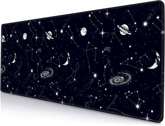 Large Gaming Mouse Pad with Stitched Edges, Black Constellation Desk Mat Extended Keyboard Pad, Non-Slip Rubber Base Desk Pad for Keyboard and Mouse, 31.5X11.8 inch, Sun and Moon