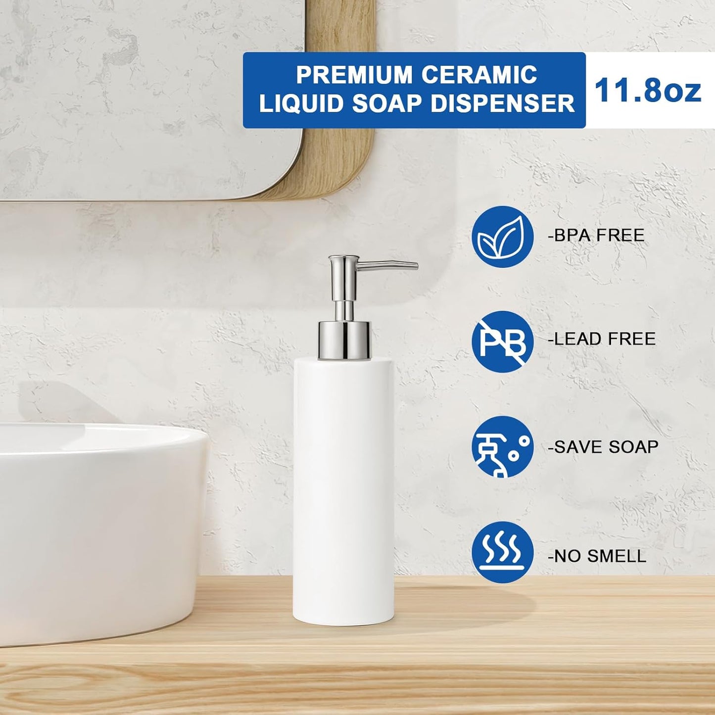 Ceramic Soap Dispenser 11.8oz Liquid Ceramic Soap Pump Dispenser for Bathroom, Refillable Dish Soap Dispenser for Kitchen