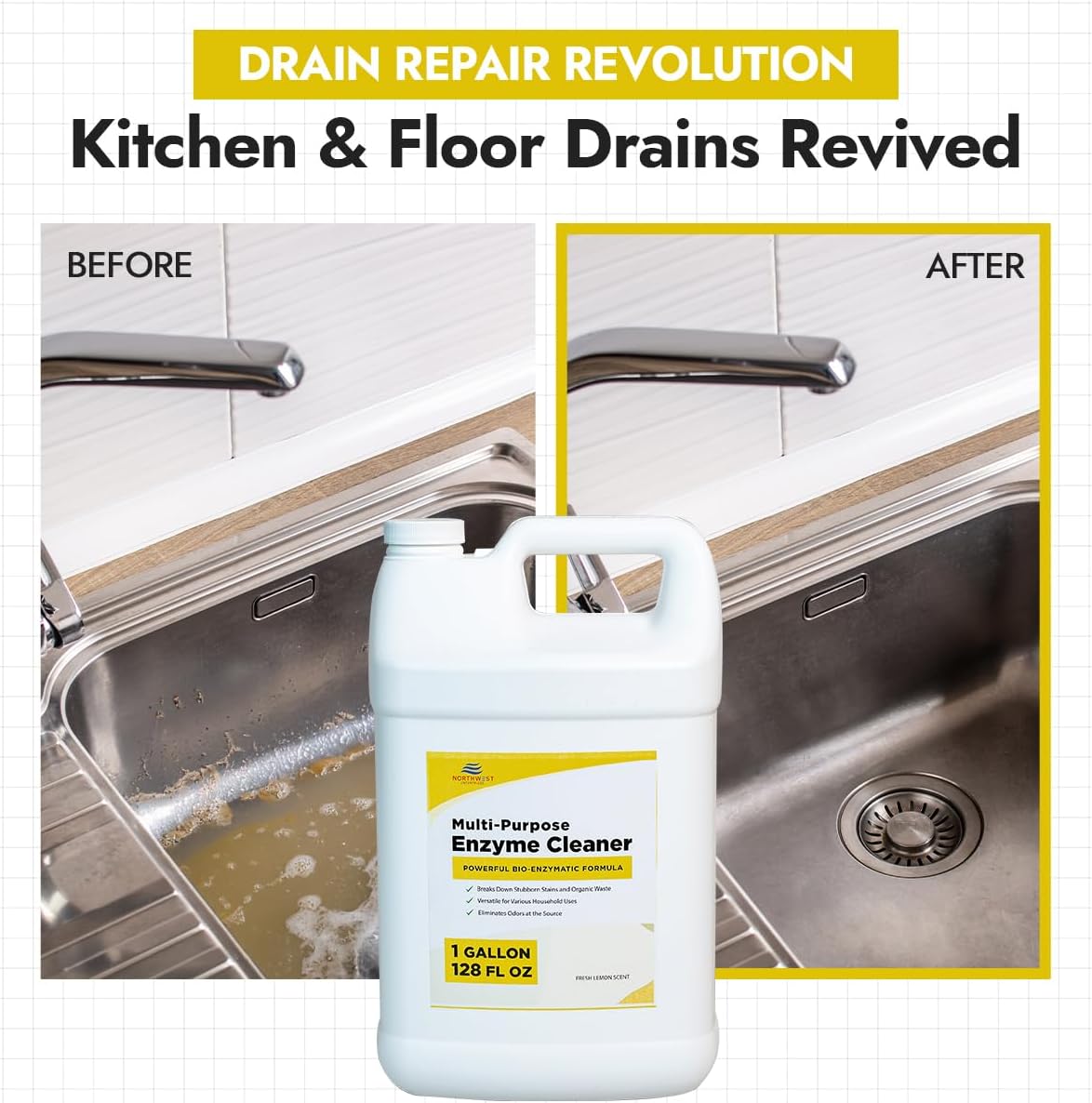 NORTHWEST ENTERPRISES Multi-Purpose Enzyme Cleaner - Household and Commercial Enzyme Cleaner, Fresh Lemon Scent (1 Gallon)