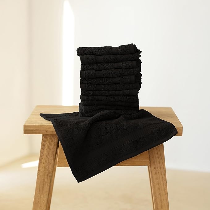 SALBAKOS 100% Turkish Cotton Washcloth Set of 12 13x13 inch | Heirloom Quality | Hotel & Spa Collection | Ultra Soft, Super Absorbent, Wash Cloth Towels | Made in Turkey (Black 12 Pcs Washcloth)