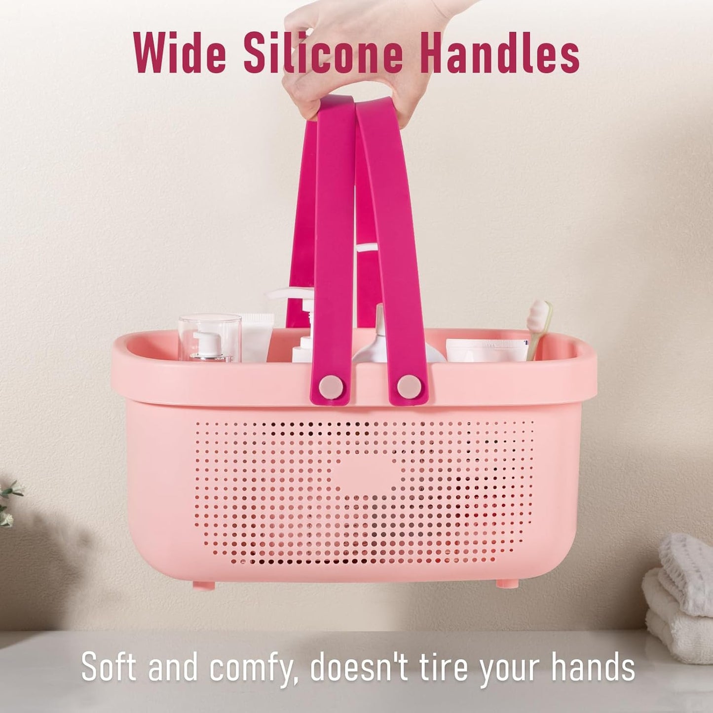 JiatuA Plastic Storage Basket with Handle Portable Shower Caddy Tote Organizer Basket Bin for Bathroom Kitchen Dorm Room Bedroom, Light Pink