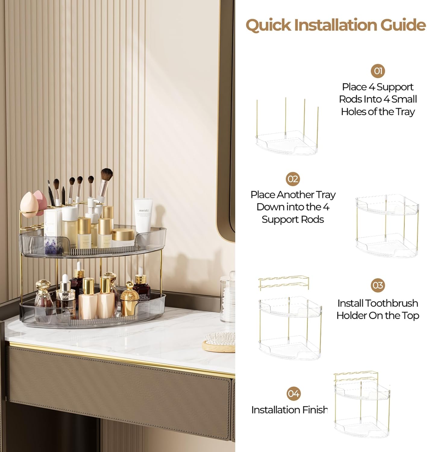 FELIZHOUSE 2-Tier Makeup Organizer for Vanity & Bathroom Countertop – Acrylic Storage Shelf with Perfume Tray & Makeup Brush Holder, Tool-Free Installation, Design for Bathroom & Dresser - Grey