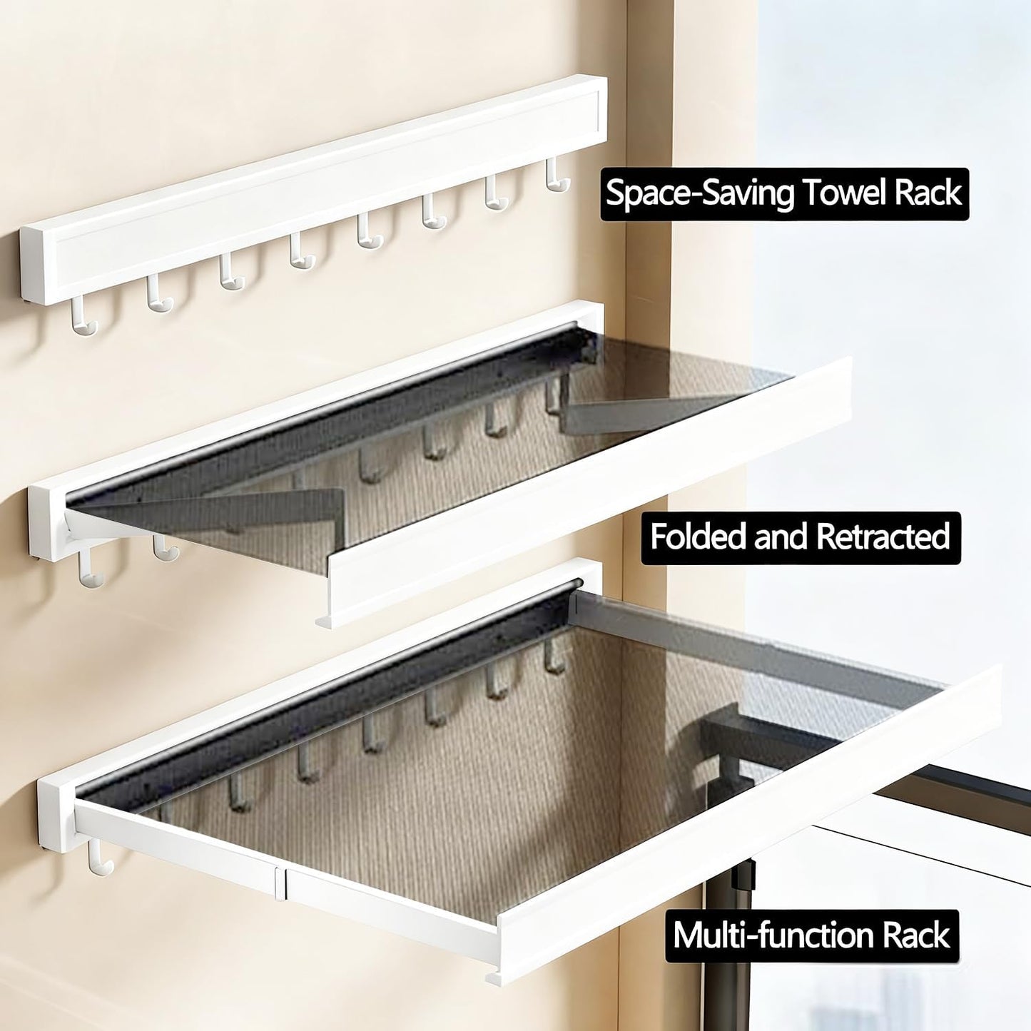 LETINE Wall Mounted Drying Rack: Retractable Indoor Clothes Drying Rack – Aluminum Alloy Frame w/Soft Mesh Surface. Laundry Rack & Temp Shelf for Balcony, Bathroom, Kitchen. Includes 6 Hooks.