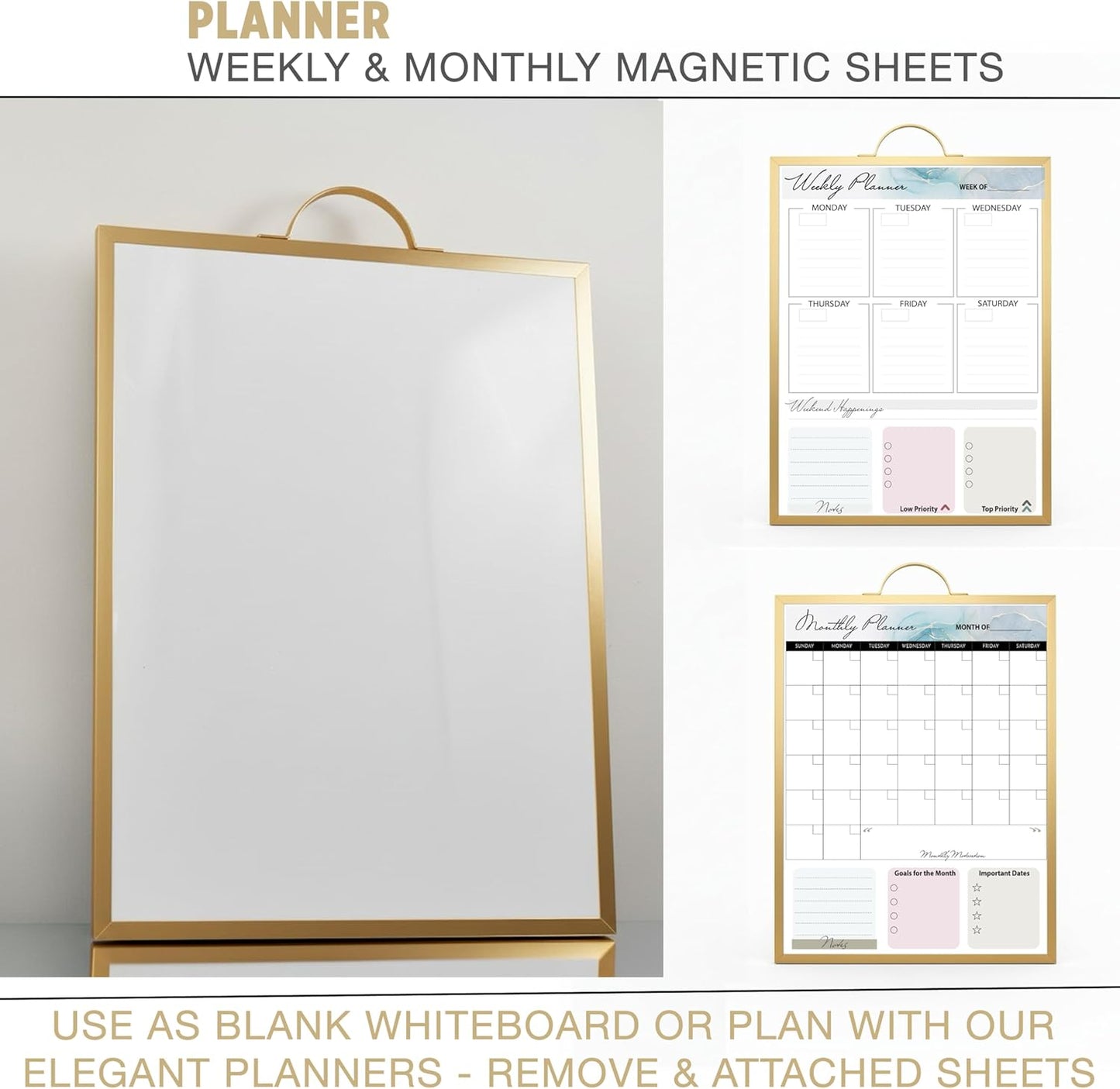 Small Whiteboard 12 x 16 Inch Magnetic Dry Erase Board with Handle | Gold Aluminum Frame | Double-Sided Planner Board with Weekly & Monthly Sheets | 3 Markers, Eraser & 2 Magnets