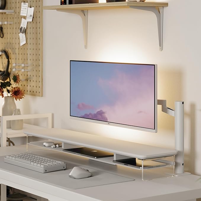 Fenge Acrylic Monitor Stand Riser, 42.5 Inches Dual Monitor Stand with Metal Storage, 2 Tier Acrylic Computer Riser for Desk, Clear Laptop Stand for PC, Laptop, Printer, TV, White