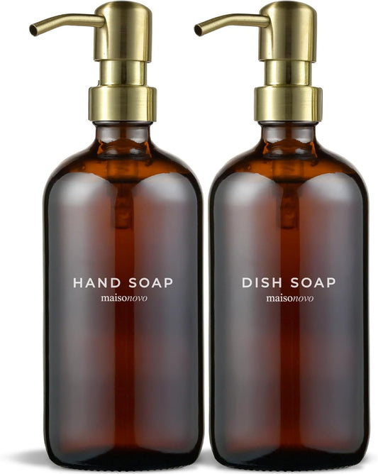 MaisoNovo Soap Dispenser 2-Piece Set | 16.9oz Amber Bottles with Gold Stainless Steel Pumps