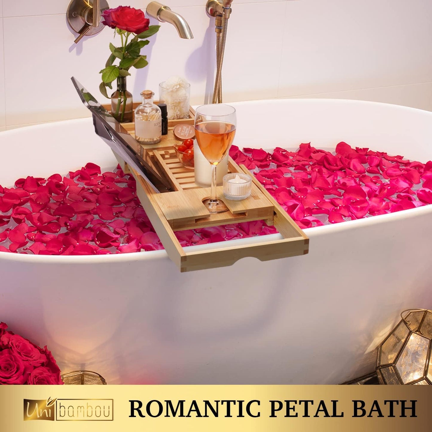 Bamboo Bathtub Caddy Tray for Luxury Bath, Expandable Bath Tray for Tub with Book and Wine Holder- Gift Idea for Loved Ones